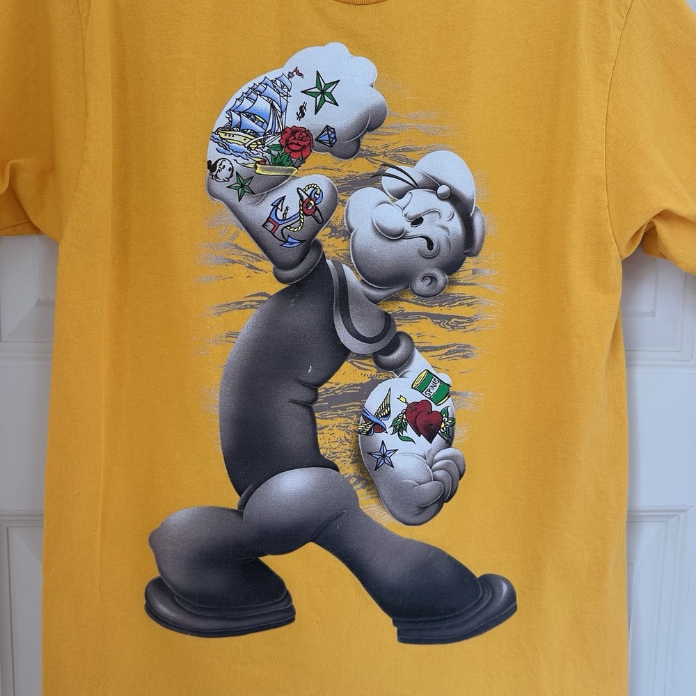 Popeye Cartoon Graphic T-Shirt Mens Small Yellow Popeye Sailor Vintage Style Tee - Picture 2 of 6